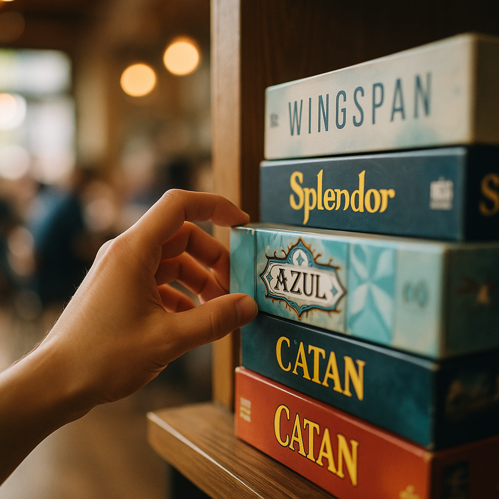 Board game library shelf at a board game café UK venue with hundreds of titles available