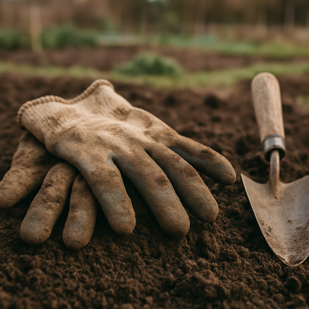 Gardening gloves and trowel on freshly turned soil at a British allotment
